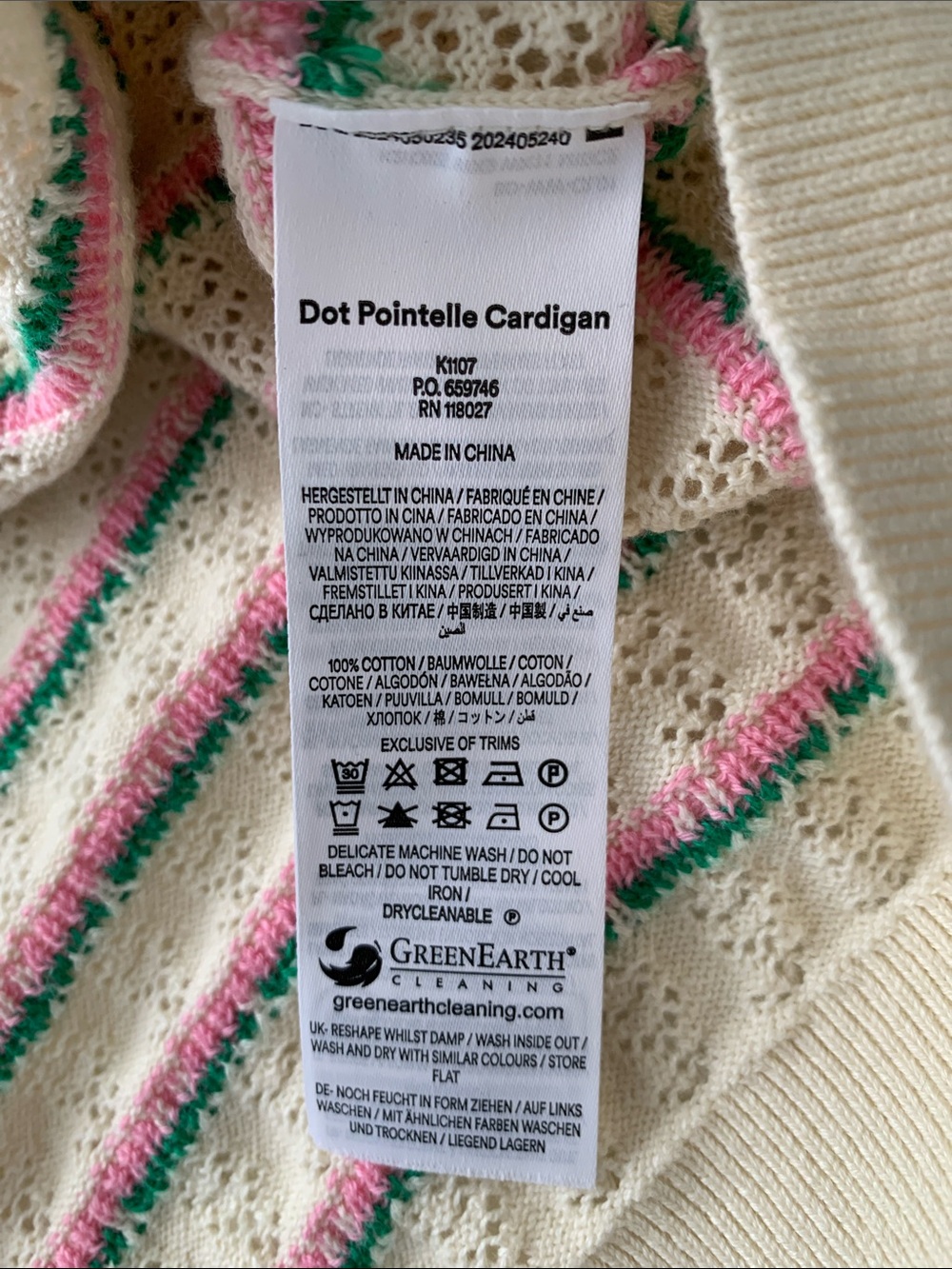 Boden Dot Pointelle Cardigan XL Cream Pink Green Cotton Puff Sleeve Sweater - Picture 11 of 15